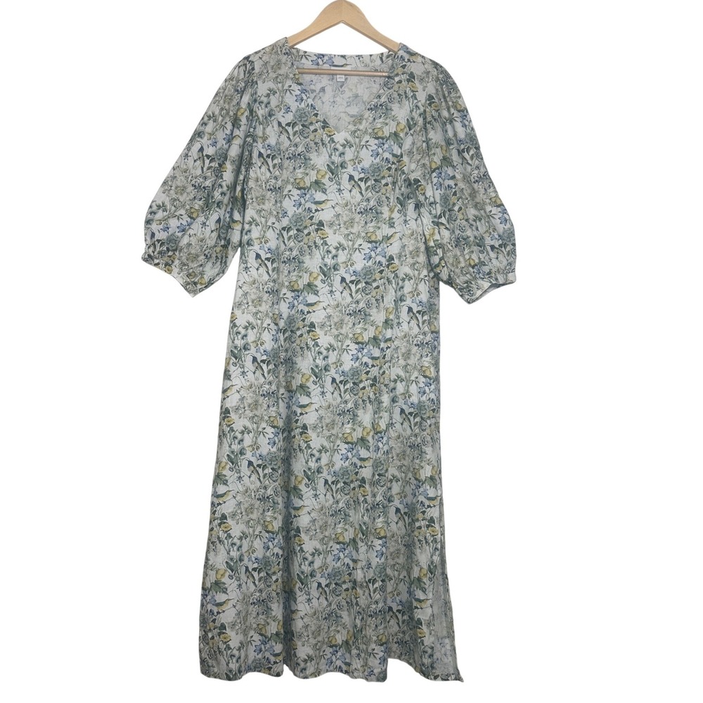 J.Jill Linen Midi Dress Large Lucite Bird Utopia Puff Sleeve Cottage Coastal - Picture 2 of 16
